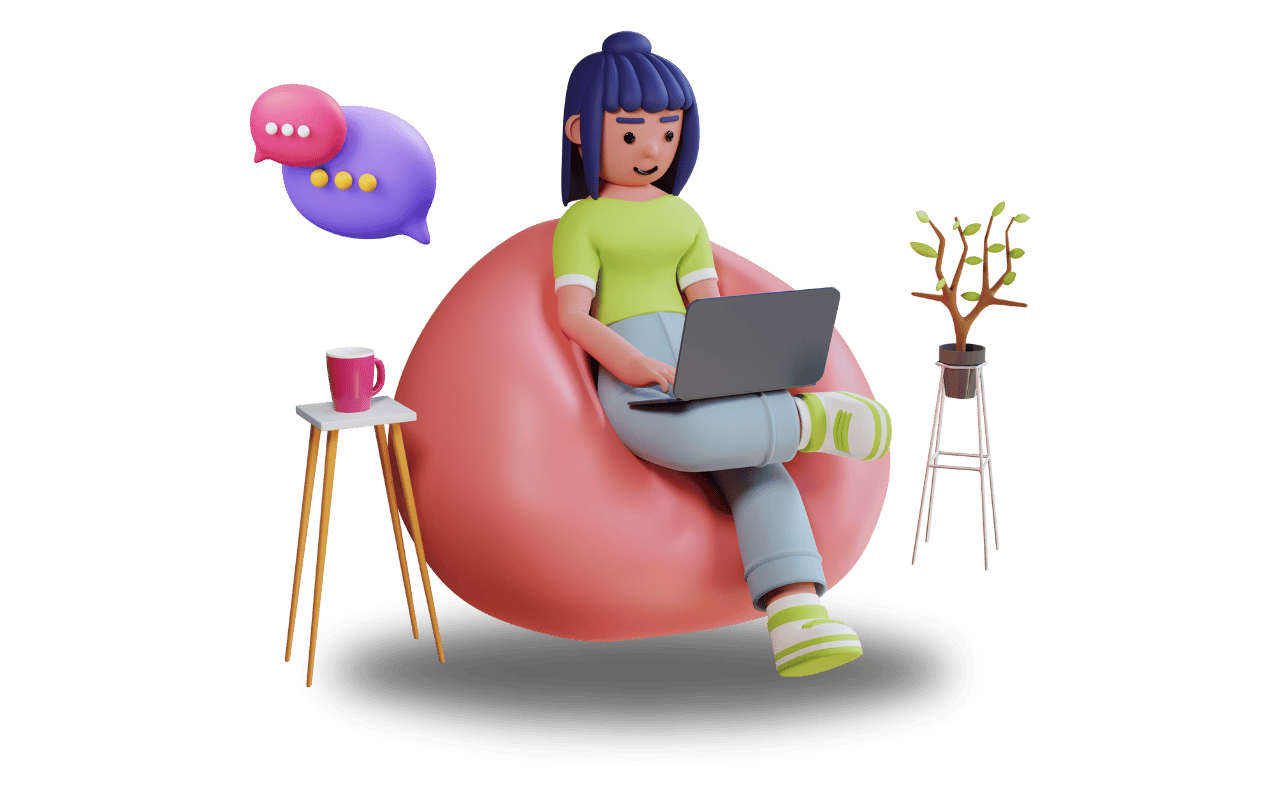 Ilustración 3D de personaje femenino trabajando en laptop